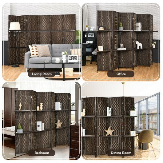 6 Panel Folding Weave Fiber Room Divider with 2 Display Shelves -Brown W2B