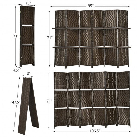 6 Panel Folding Weave Fiber Room Divider with 2 Display Shelves -Brown W2B