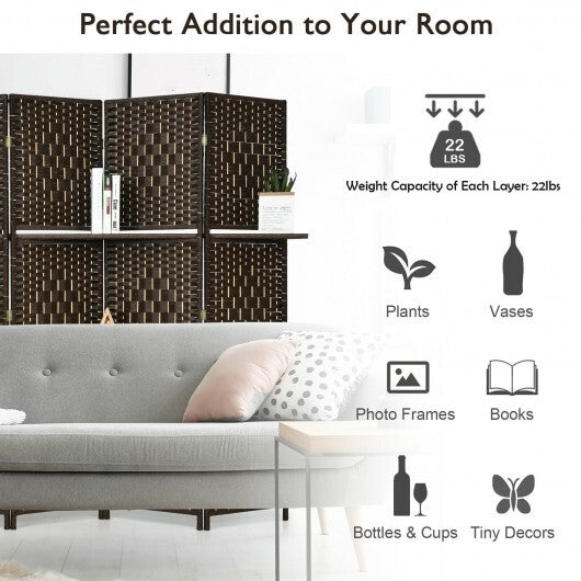 6 Panel Folding Weave Fiber Room Divider with 2 Display Shelves -Brown W2B
