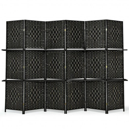 6 Panel Folding Weave Fiber Room Divider with 2 Display Shelves -Brown W2B