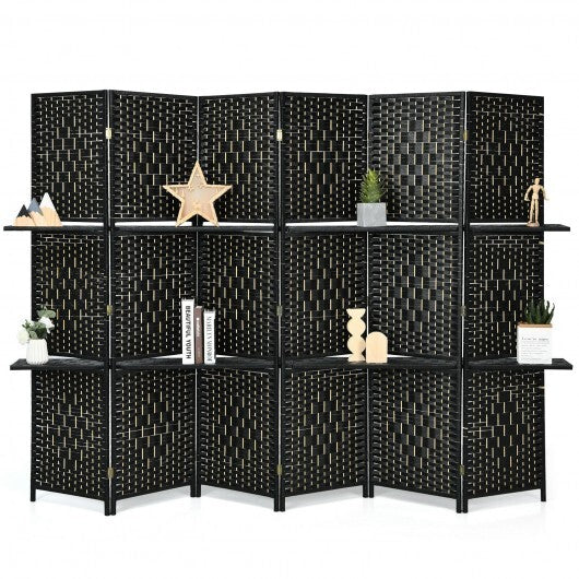 6 Panel Folding Weave Fiber Room Divider with 2 Display Shelves -Brown W2B