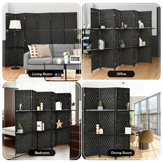 6 Panel Folding Weave Fiber Room Divider with 2 Display Shelves -Brown W2B