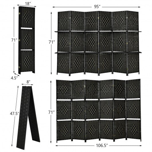 6 Panel Folding Weave Fiber Room Divider with 2 Display Shelves -Brown W2B