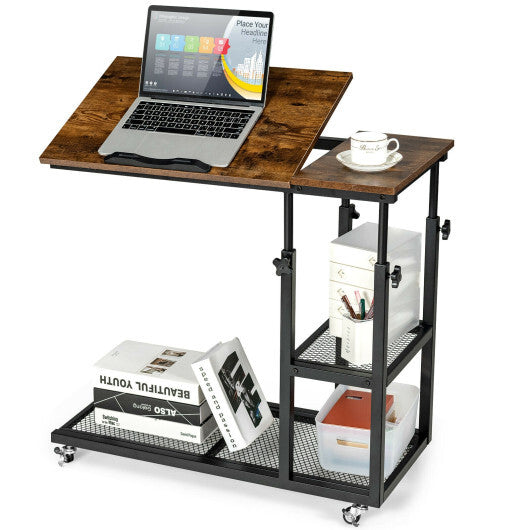 Adjustable C-Shaped Bedside Table-Rustic Brown - Color: Rustic Brown W2B