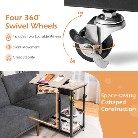 Adjustable C-Shaped Bedside Table-Rustic Brown W2B