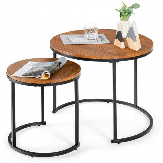 Set of 2 Modern Round Stacking Nesting Coffee Tables for Living Room-Light Brown - Color: Light Brown W2B