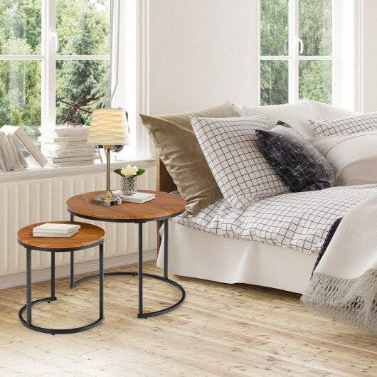 Set of 2 Modern Round Stacking Nesting Coffee Tables for Living Room-Light Brown - Color: Light Brown W2B