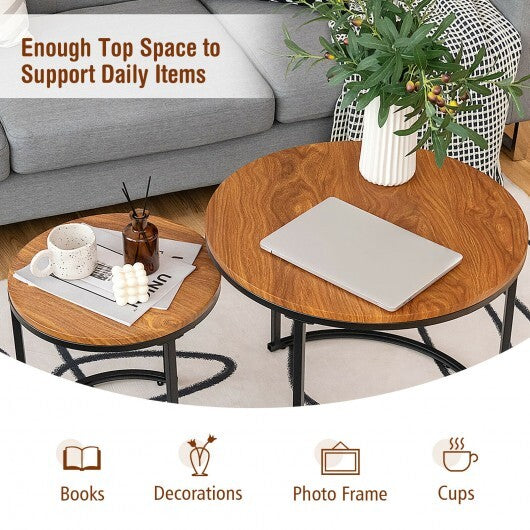 Set of 2 Modern Round Stacking Nesting Coffee Tables for Living Room-Light Brown - Color: Light Brown W2B