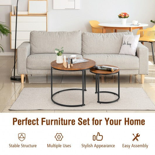 Set of 2 Modern Round Stacking Nesting Coffee Tables for Living Room-Light Brown - Color: Light Brown W2B