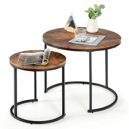 Set of 2 Modern Round Stacking Nesting Coffee Tables for Living Room-Rustic Brown - Color: Rustic Brown W2B