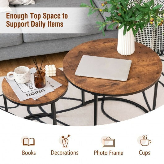 Set of 2 Modern Round Stacking Nesting Coffee Tables for Living Room-Rustic Brown - Color: Rustic Brown W2B