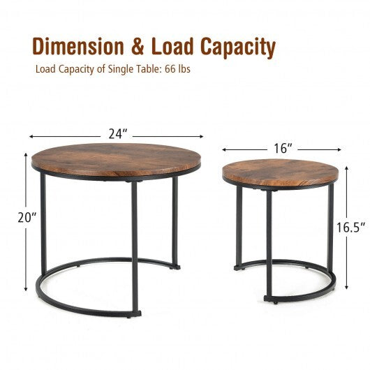 Set of 2 Modern Round Stacking Nesting Coffee Tables for Living Room-Rustic Brown - Color: Rustic Brown W2B