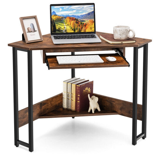 Triangle Corner Desk with Charging Station Keyboard Tray and Storage Shelf-Rustic Brown - Color: Rustic Brown W2B