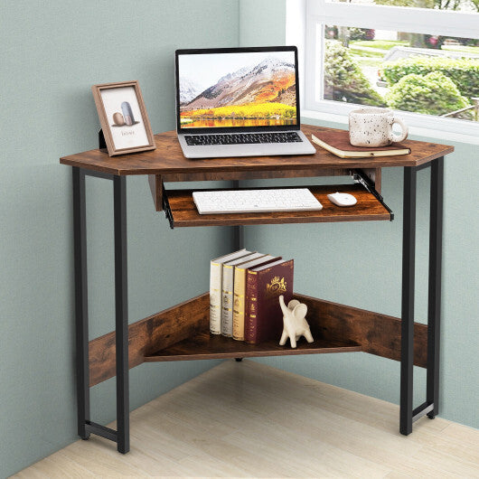 Triangle Corner Desk with Charging Station Keyboard Tray and Storage Shelf-Rustic Brown