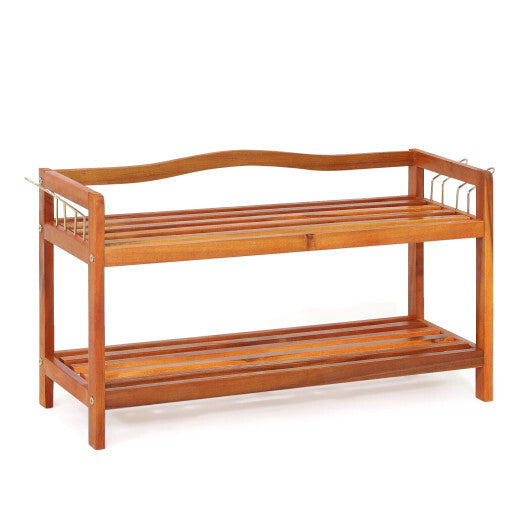 5-Tier Acacia Wood Shoe Rack with Side Metal Hooks W2B