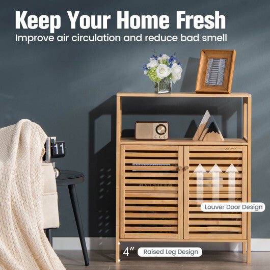 Bamboo Bathroom Floor Storage Cabinet with Shutter Doors-Natural W2B