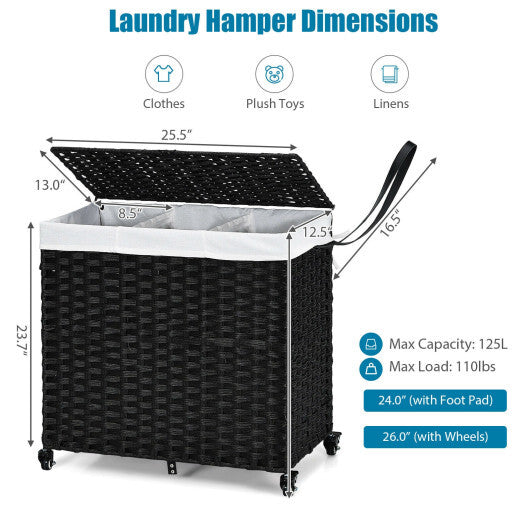 Laundry Hamper with Wheels and Lid-Black W2B