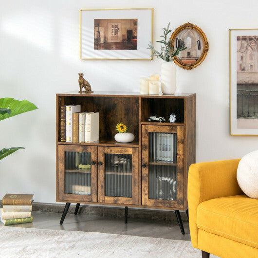 Buffet Kitchen Storage Cupboard with Glass Door and Adjustable Shelves-Rustic Brown - Color: Rustic Brown W2B