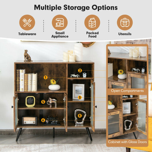 Buffet Kitchen Storage Cupboard with Glass Door and Adjustable Shelves-Rustic Brown - Color: Rustic Brown W2B