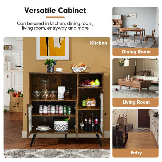 Buffet Kitchen Storage Cupboard with Glass Door and Adjustable Shelves-Rustic Brown - Color: Rustic Brown W2B