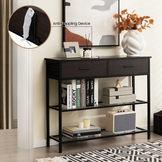 39.5 Inch Entryway Table with 2 Drawers and 2-Tier Shelves-Dark Brown W2B