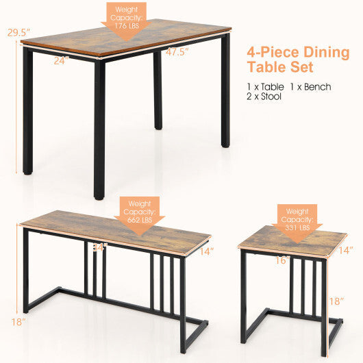 4 Pieces Space-Saving Dining Table Set with Bench and 2 Stools-Oak W2B