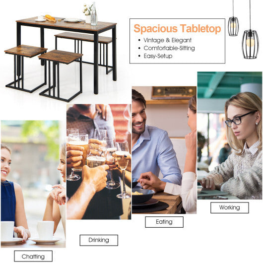 4 Pieces Space-Saving Dining Table Set with Bench and 2 Stools-Oak W2B