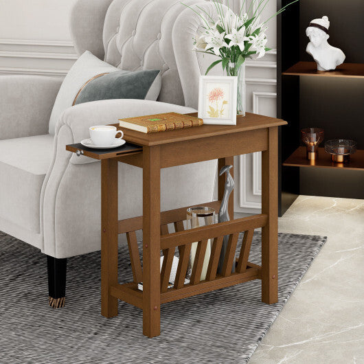 2-Tier End Table with Pull-out Tray and Solid Rubber Wood Legs-White
