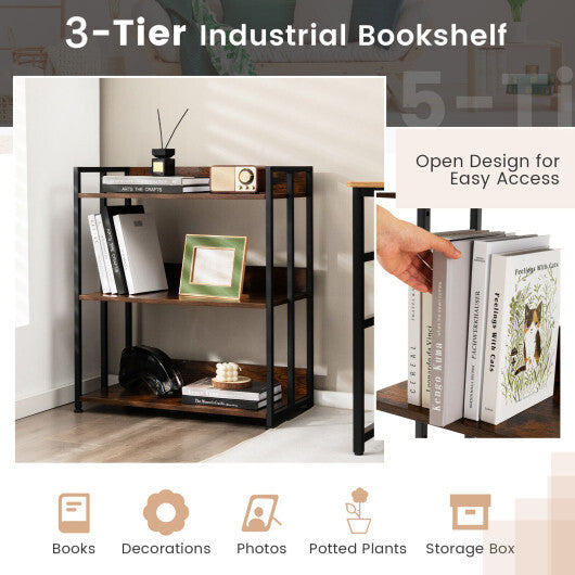 3/5-Tier Industrial Bookshelf Storage Shelf Display Rack with Adjustable Shelves-3-Tier W2B