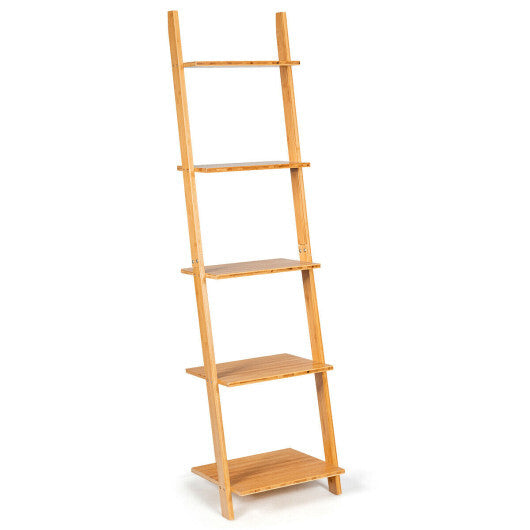 5-Tier Modern Bamboo Wall-Leaning Display Ladder Bookshelf W2B
