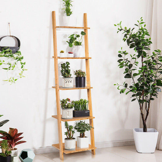 5-Tier Modern Bamboo Wall-Leaning Display Ladder Bookshelf W2B