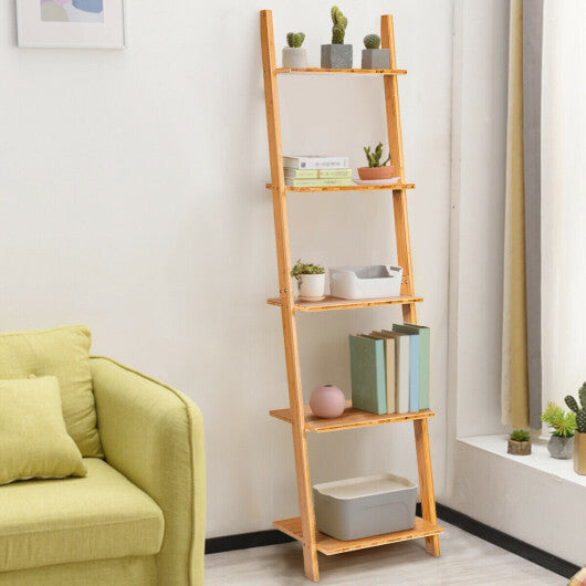 5-Tier Modern Bamboo Wall-Leaning Display Ladder Bookshelf W2B