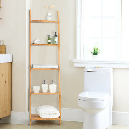 5-Tier Modern Bamboo Wall-Leaning Display Ladder Bookshelf W2B
