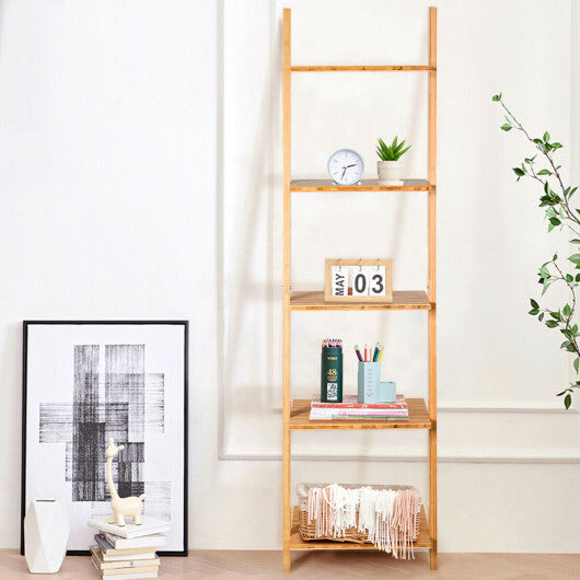 5-Tier Modern Bamboo Wall-Leaning Display Ladder Bookshelf W2B