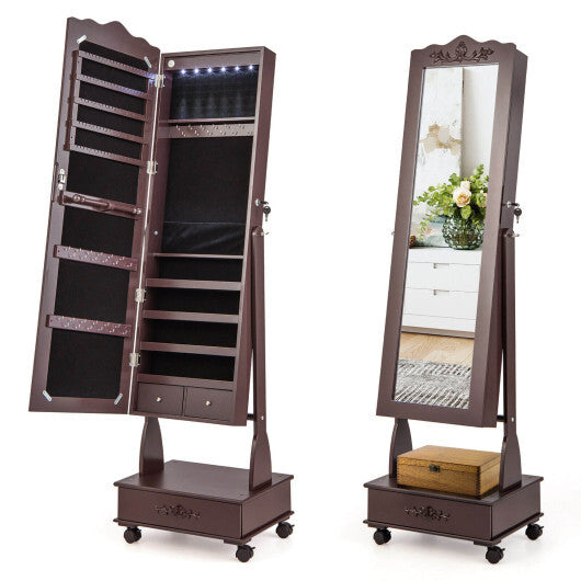 Rolling Floor Standing Mirrored Jewelry Armoire with Lock and Drawers-White W2B