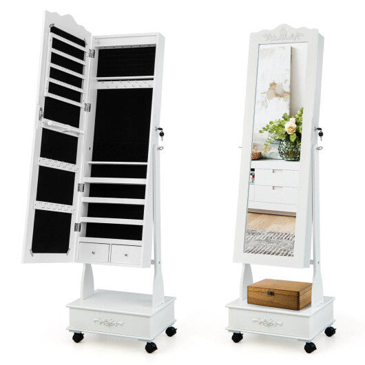 Rolling Floor Standing Mirrored Jewelry Armoire with Lock and Drawers-White - Color: White W2B