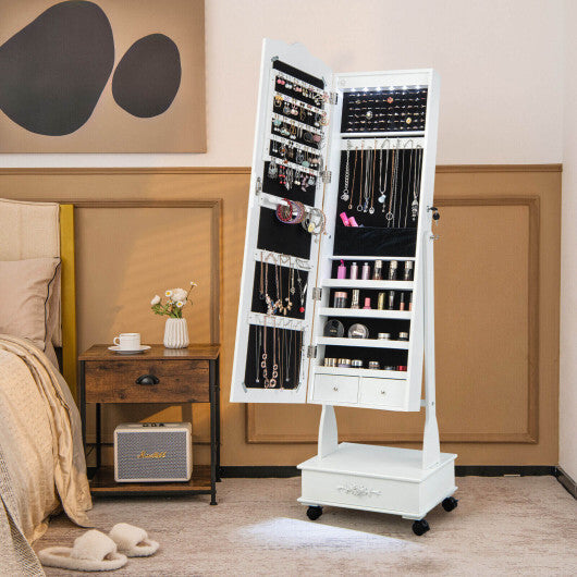 Rolling Floor Standing Mirrored Jewelry Armoire with Lock and Drawers-White - Color: White W2B