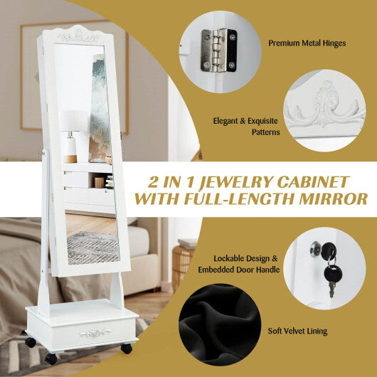 Rolling Floor Standing Mirrored Jewelry Armoire with Lock and Drawers-White - Color: White W2B