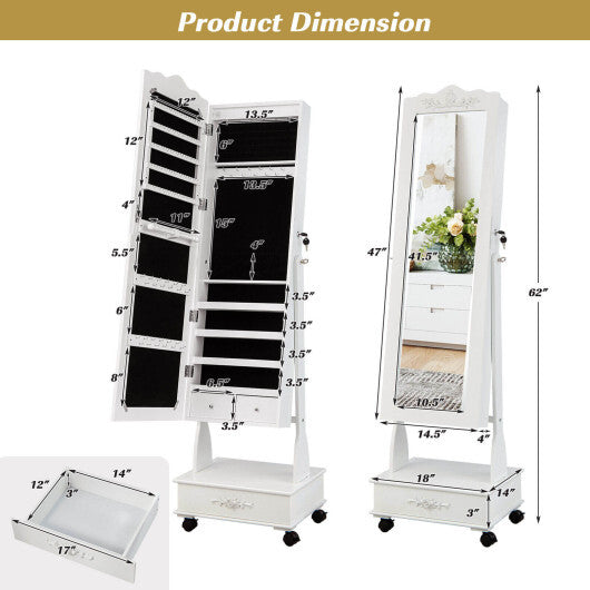 Rolling Floor Standing Mirrored Jewelry Armoire with Lock and Drawers-White - Color: White W2B