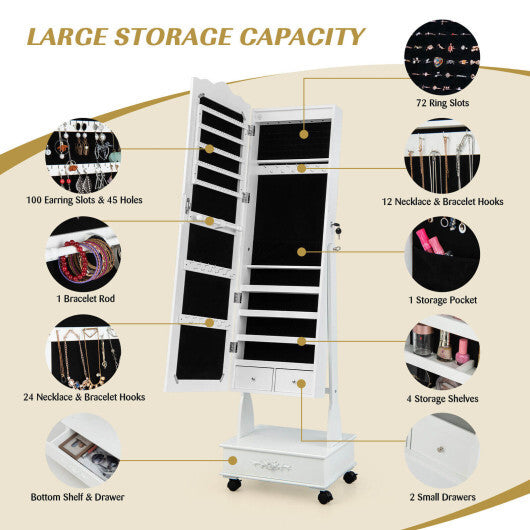 Rolling Floor Standing Mirrored Jewelry Armoire with Lock and Drawers-White - Color: White W2B