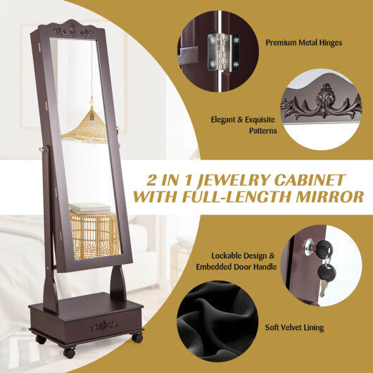 Rolling Floor Standing Mirrored Jewelry Armoire with Lock and Drawers-White W2B
