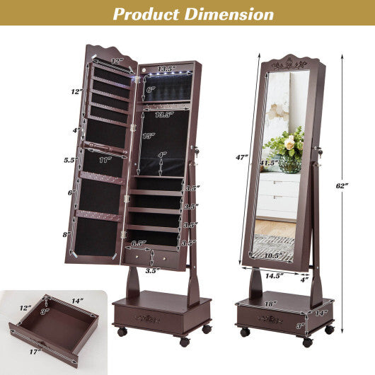 Rolling Floor Standing Mirrored Jewelry Armoire with Lock and Drawers-White W2B