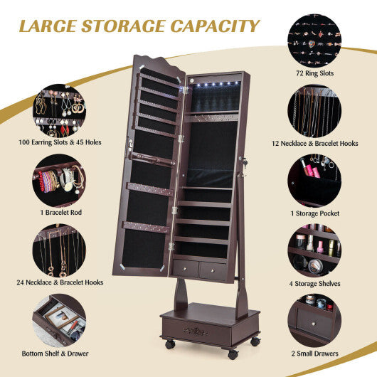Rolling Floor Standing Mirrored Jewelry Armoire with Lock and Drawers-White W2B