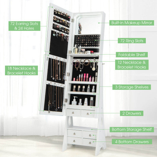 Freestanding Full Length LED Mirrored Jewelry Armoire with 6 Drawers-White