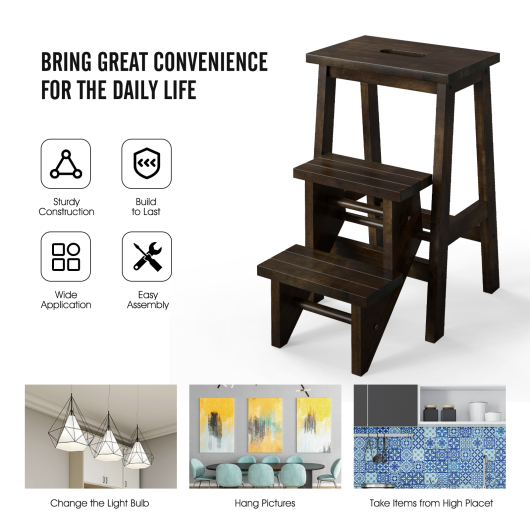 3-in-1 Rubber Wood Step Stool with Convenient Handle-Brown W2B