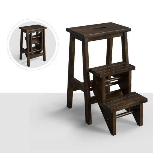 3-in-1 Rubber Wood Step Stool with Convenient Handle-Brown W2B