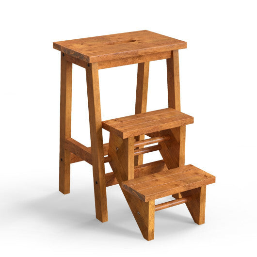3-in-1 Rubber Wood Step Stool with Convenient Handle-Brown W2B