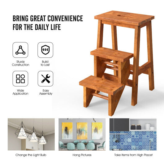 3-in-1 Rubber Wood Step Stool with Convenient Handle-Brown W2B