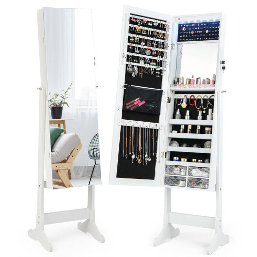 Free Standing Full Length Jewelry Armoire with LED Lights-White - Color: White W2B