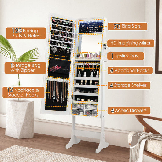 Free Standing Full Length Jewelry Armoire with LED Lights-White - Color: White W2B